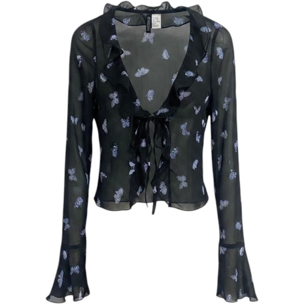 H&M Divided Butterfly Crop Top Small Y2K Tie Front Bell Sleeve Whimsigoth Fairy
